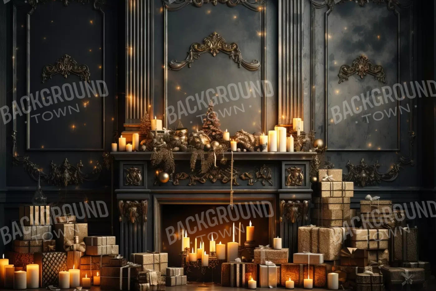 Dark Holiday Fireplace 12’X8’ Ultracloth (144 X 96 Inch) Backdrop