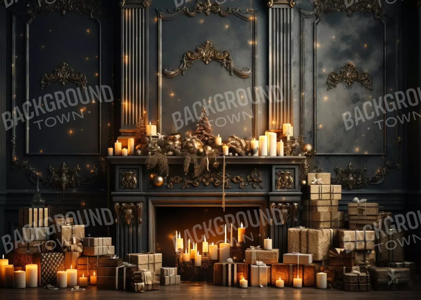 Dark Holiday Fireplace 7’X5’ Ultracloth (84 X 60 Inch) Backdrop
