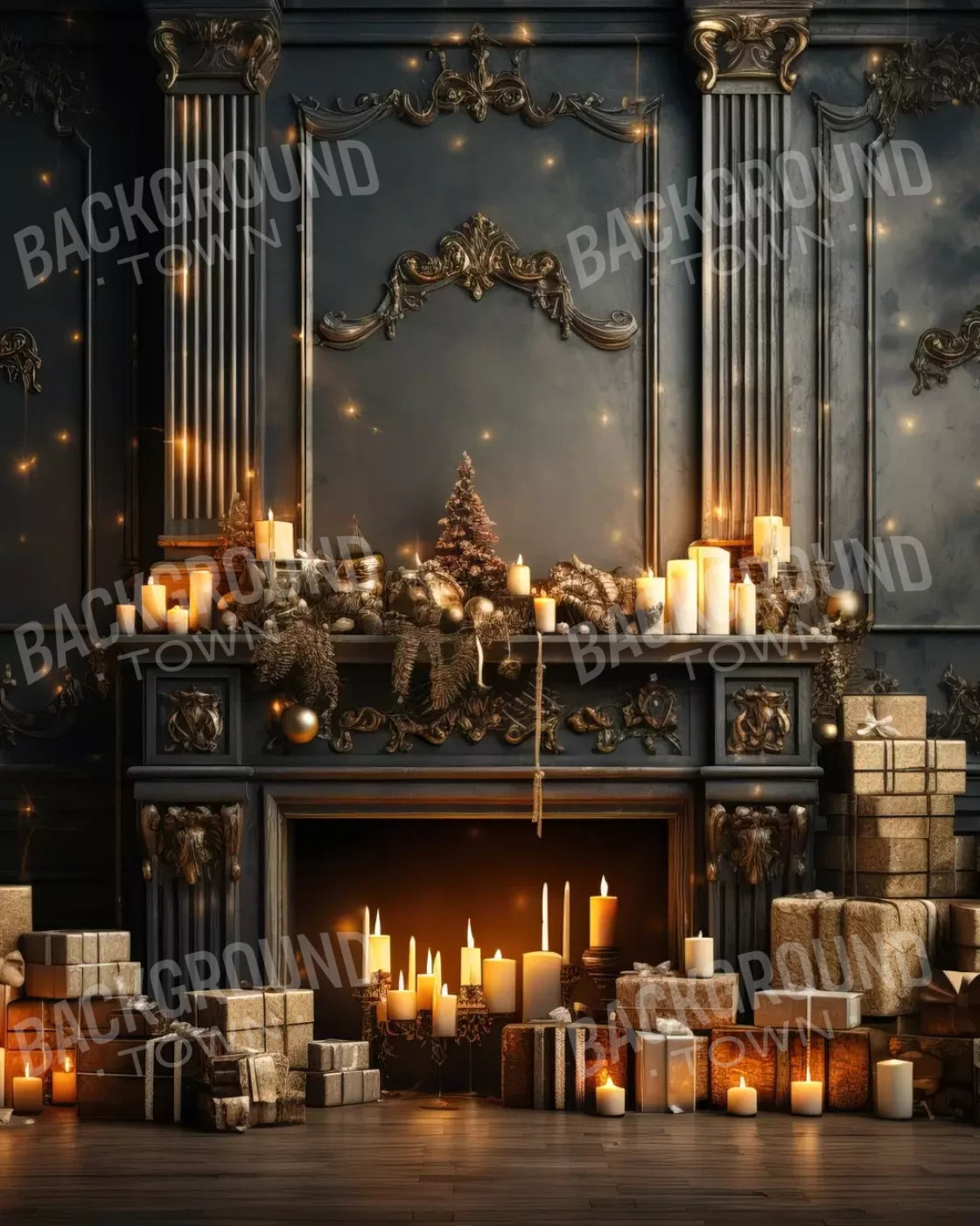 Dark Holiday Fireplace 8’X10’ Fleece (96 X 120 Inch) Backdrop