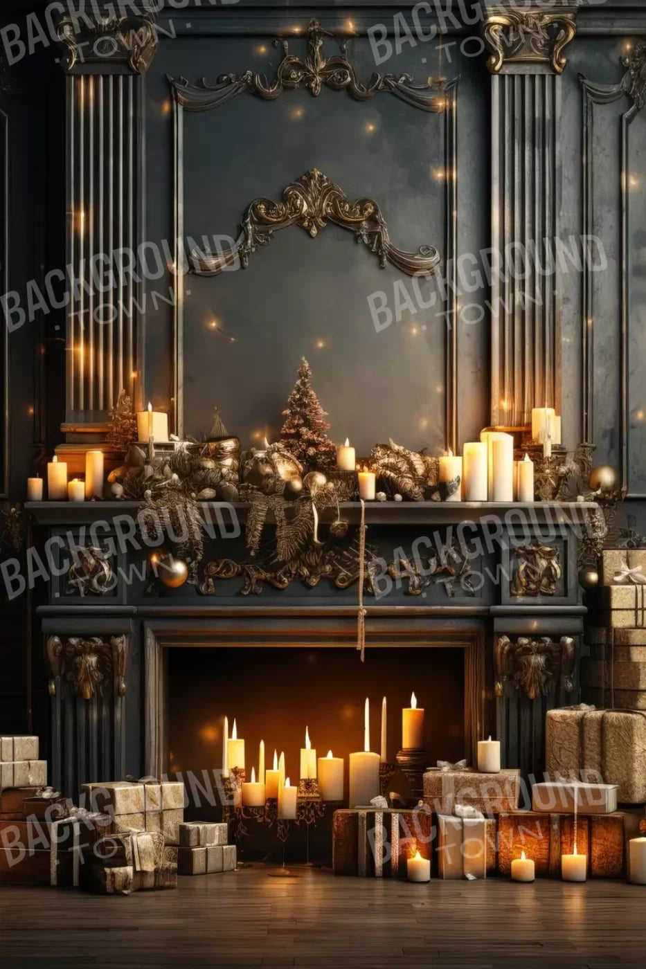 Dark Holiday Fireplace 8’X12’ Ultracloth (96 X 144 Inch) Backdrop