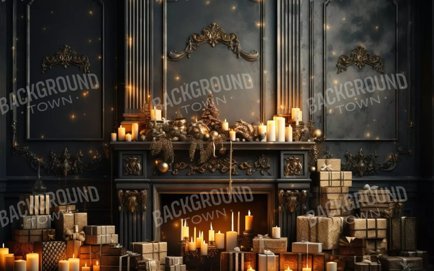 Dark Holiday Fireplace 8’X5’ Ultracloth (96 X 60 Inch) Backdrop