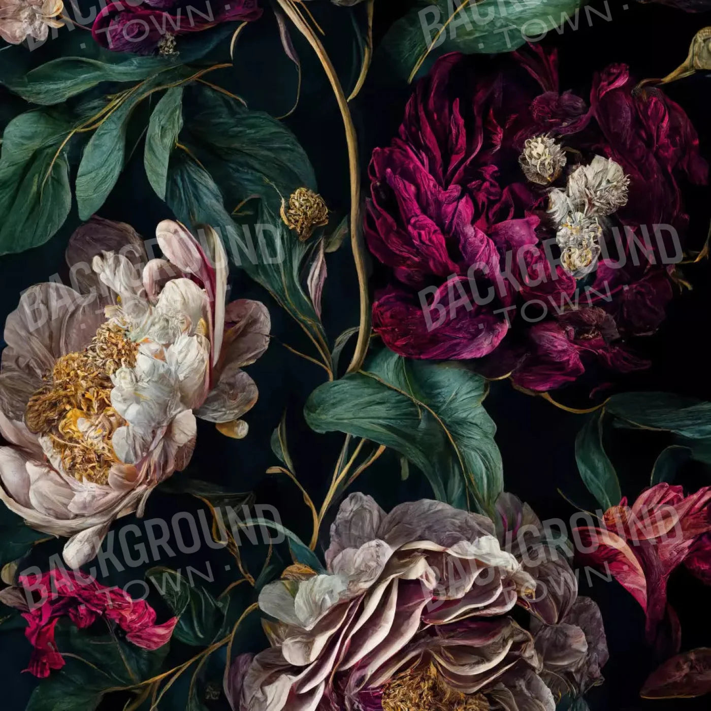 Deep Dark Peonies 8X8 Fleece ( 96 X Inch ) Backdrop