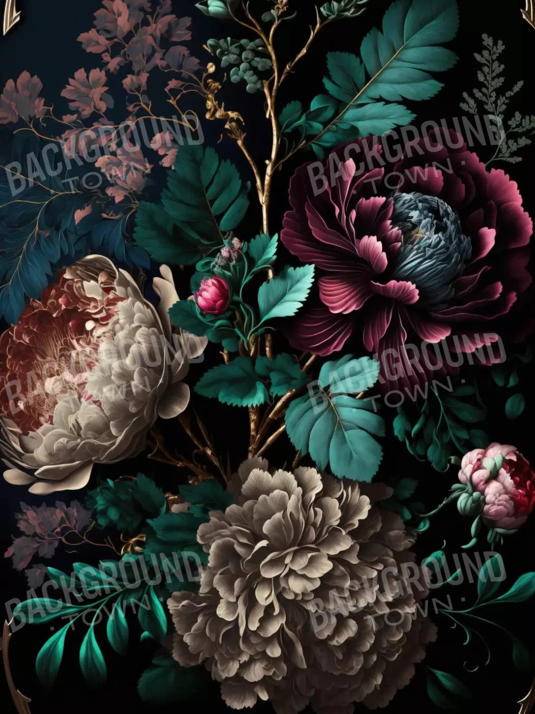 Deep Dark Peonies Li 8X10 Fleece ( 96 X 120 Inch ) Backdrop