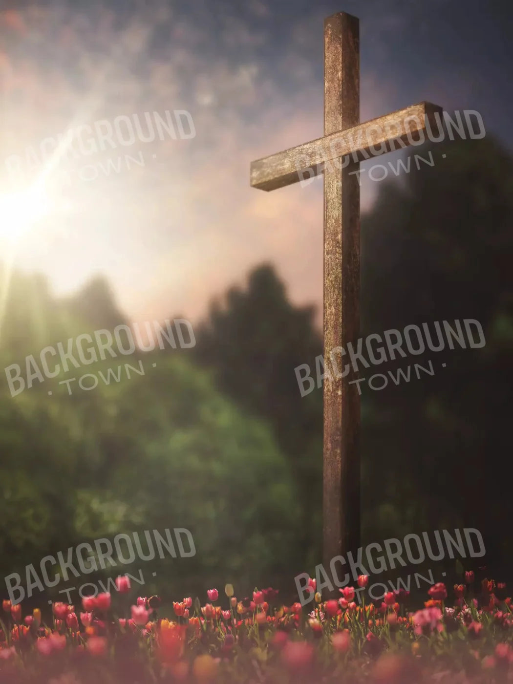 Easter Cross In Flowers 5X68 Fleece ( 60 X 80 Inch ) Backdrop