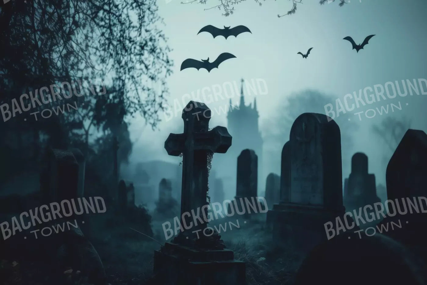 Eerie Blue Cemetary 12’X8’ Ultracloth (144 X 96 Inch) Backdrop
