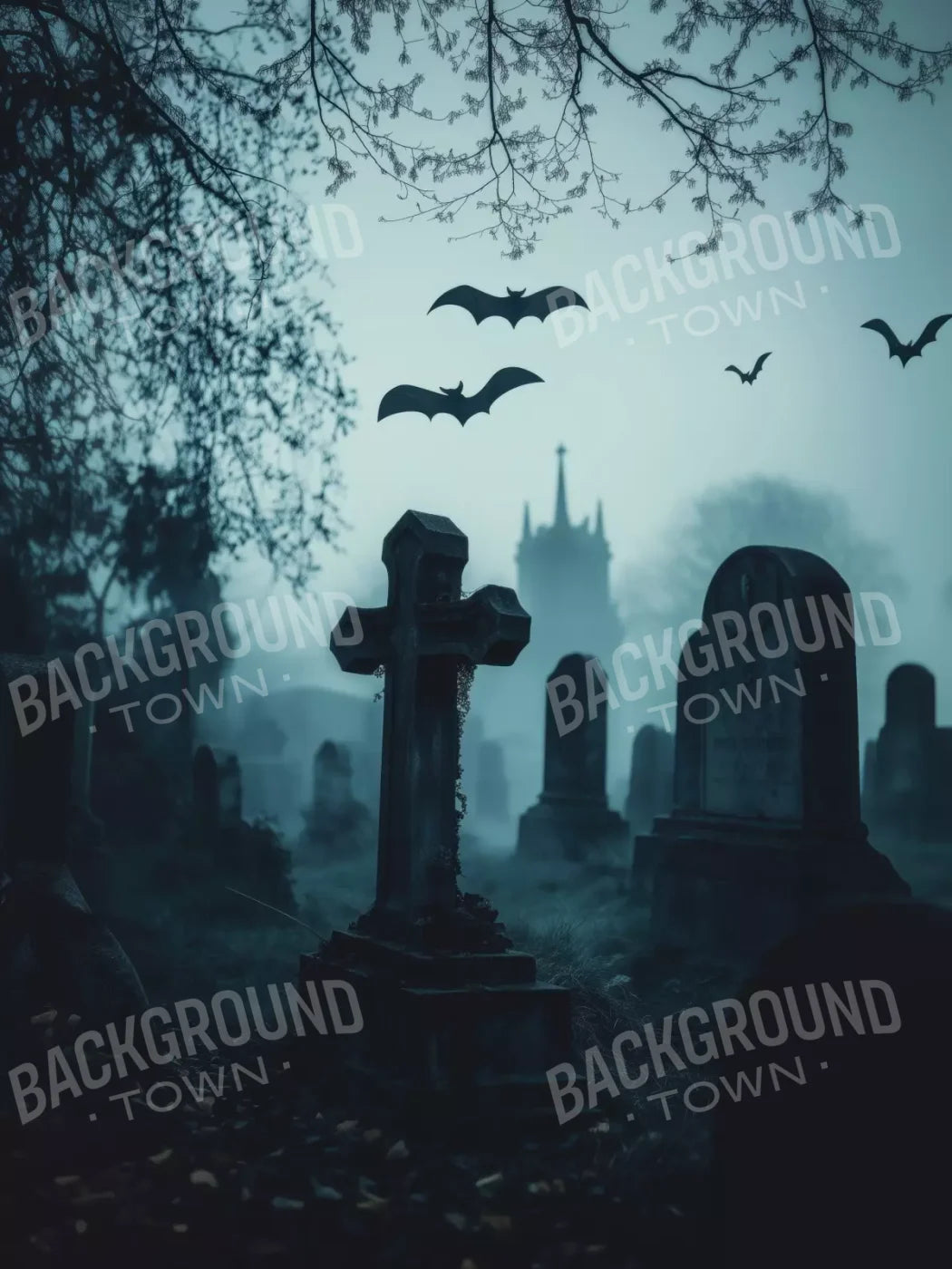 Eerie Blue Cemetary 5’X6’8 Fleece (60 X 80 Inch) Backdrop
