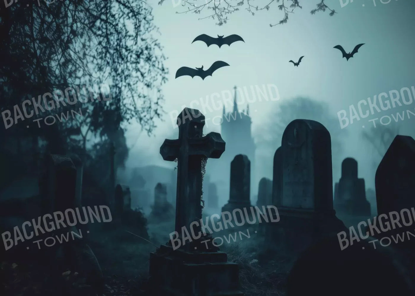 Eerie Blue Cemetary 7’X5’ Ultracloth (84 X 60 Inch) Backdrop