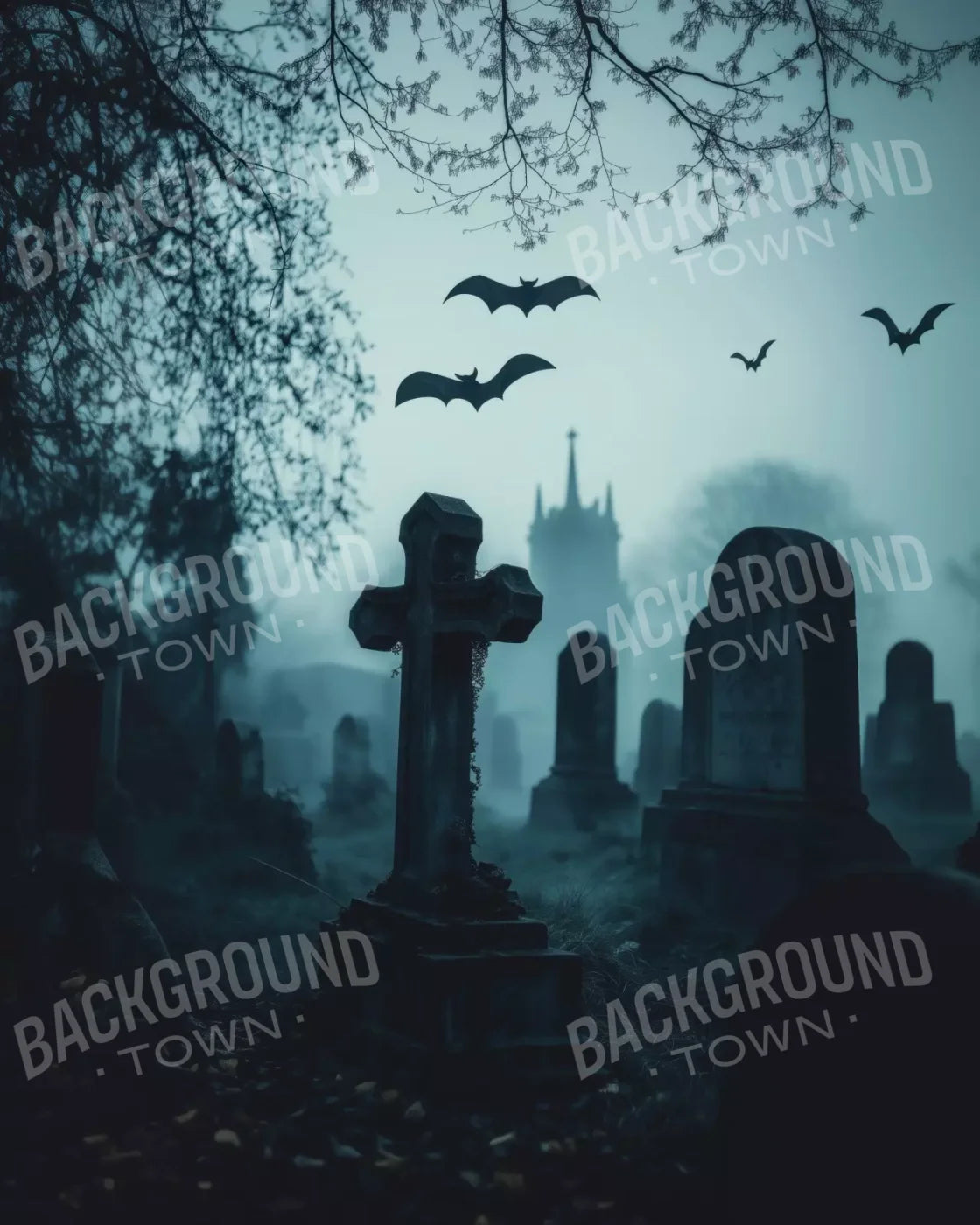 Eerie Blue Cemetary 8’X10’ Fleece (96 X 120 Inch) Backdrop