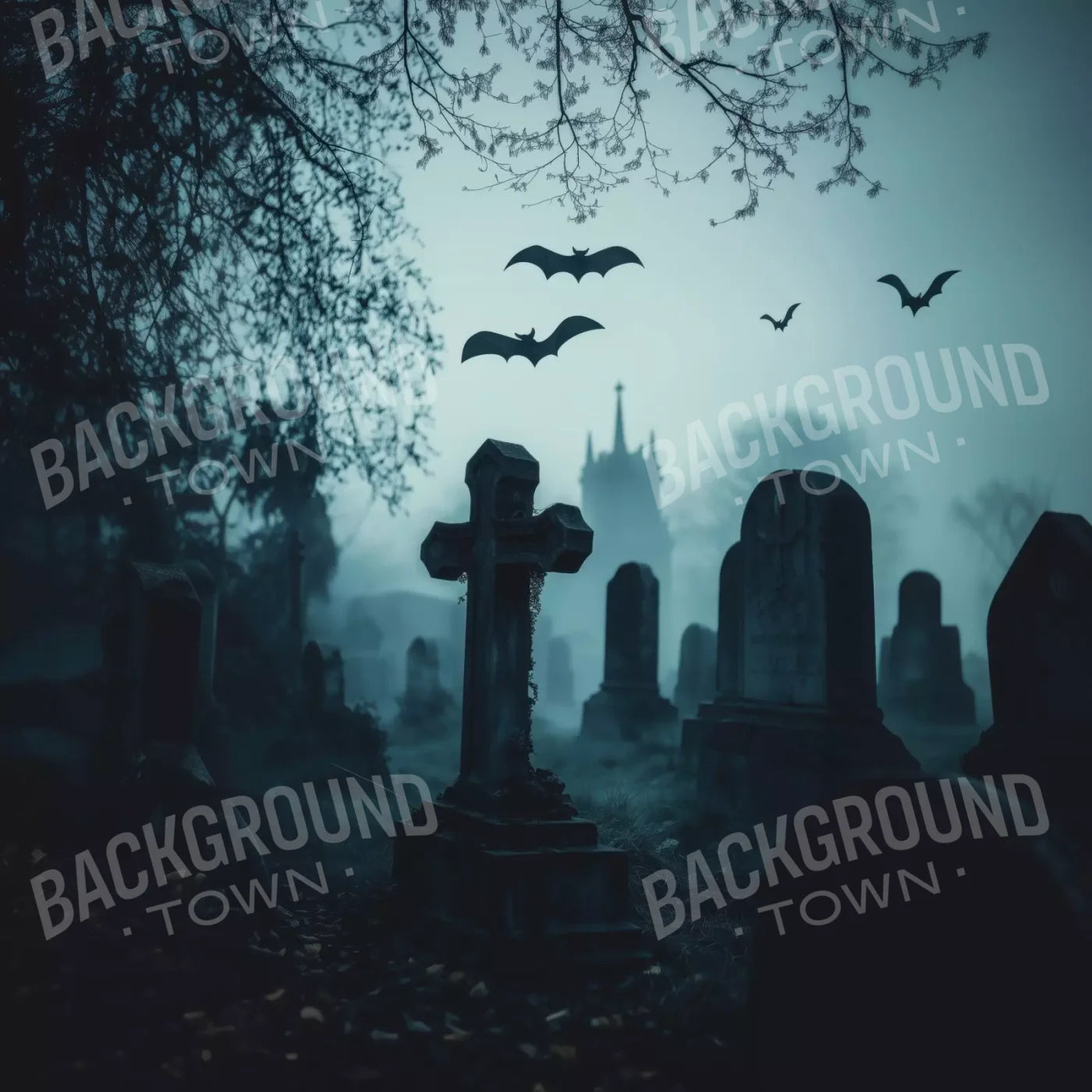 Eerie Blue Cemetary 8’X8’ Fleece (96 X Inch) Backdrop