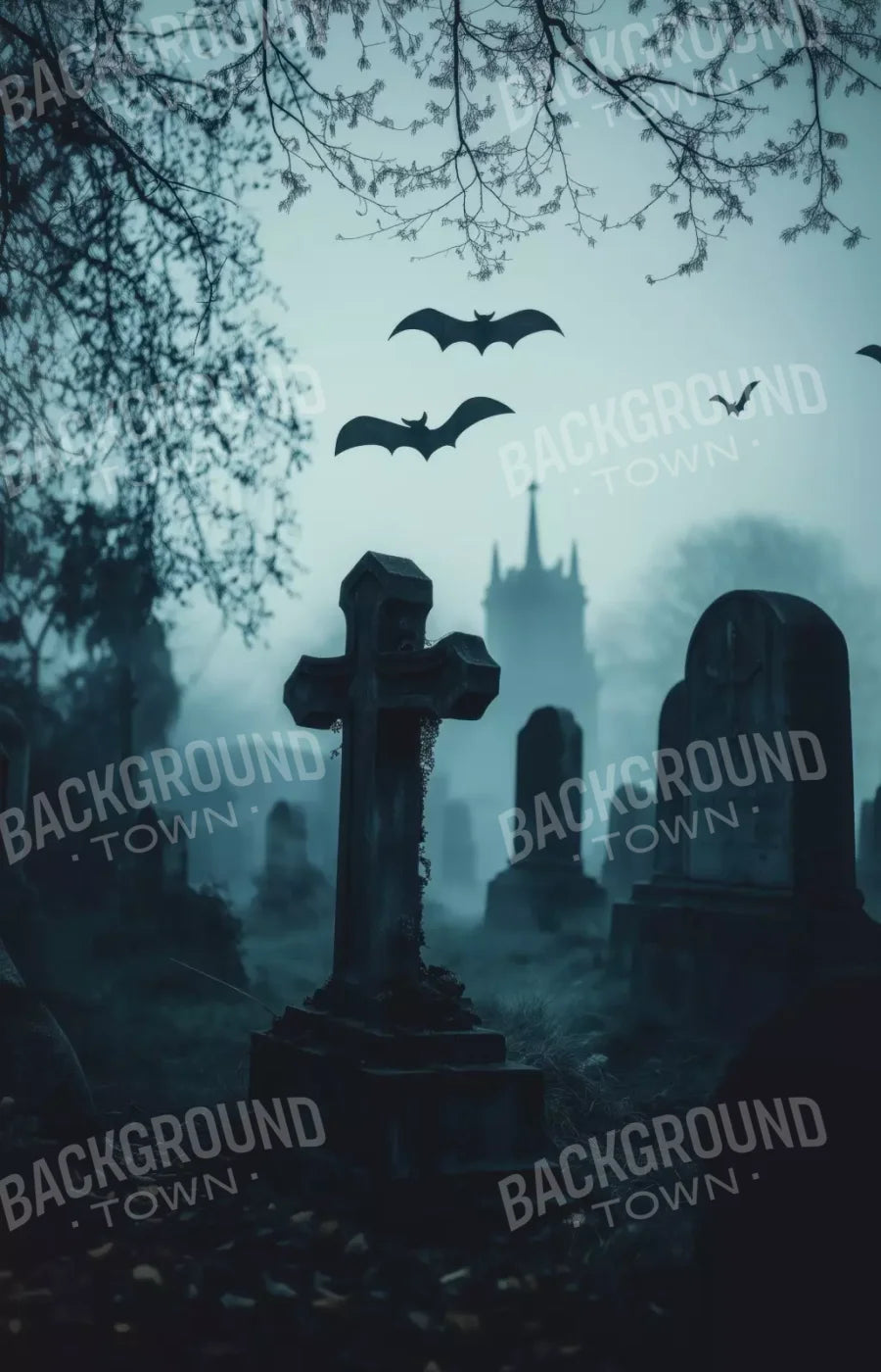 Eerie Blue Cemetary 9’X14’ Ultracloth (108 X 168 Inch) Backdrop