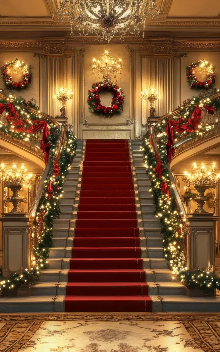 Elegant Grand Staircase At Christmas Backdrop
