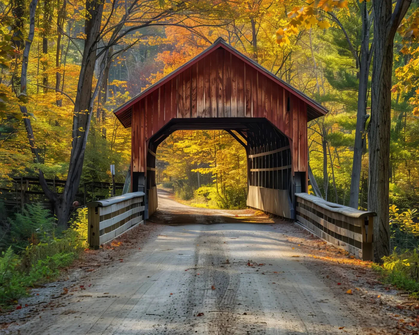 Fall Covered Bridge 10’x8’ Fleece (120 x 96 inch) Backdrop