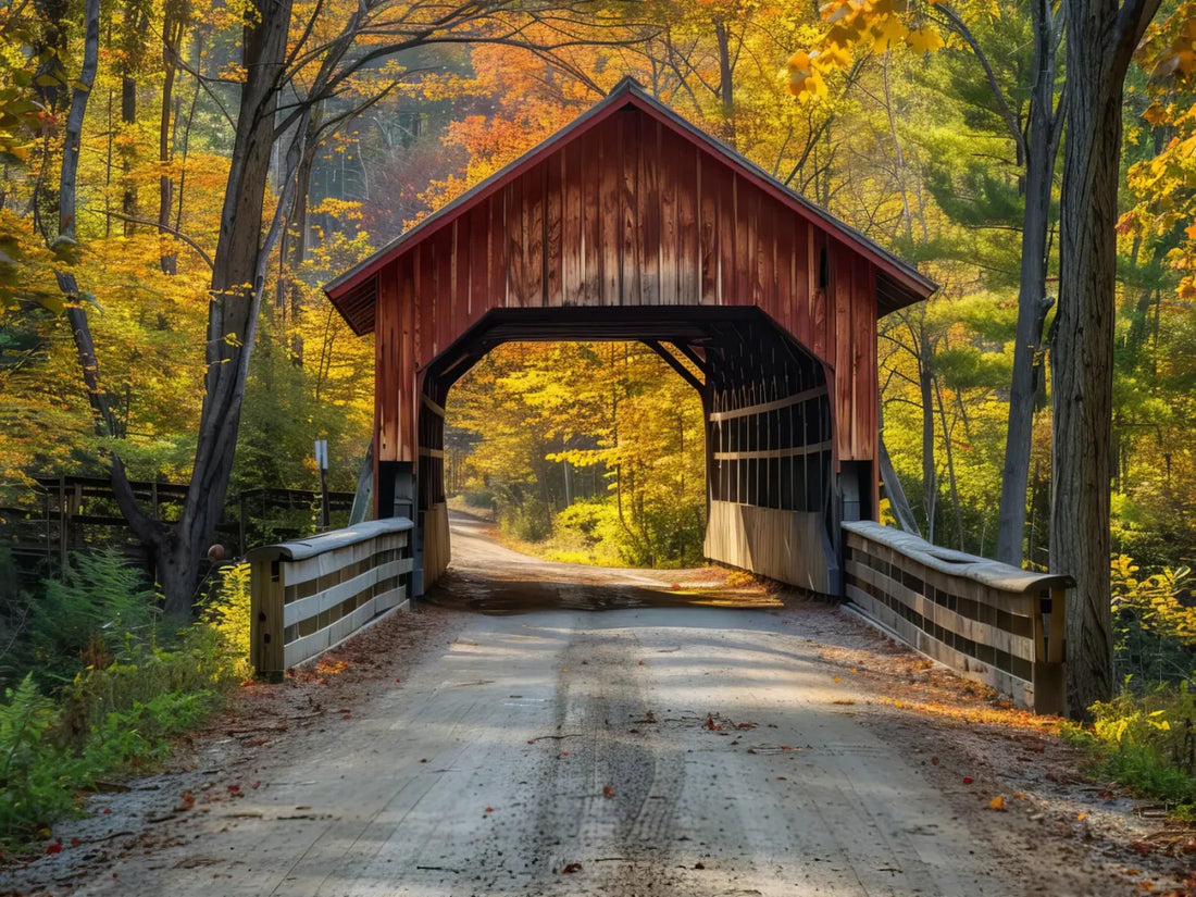 Fall Covered Bridge 6’8x5’ Fleece (80 x 60 inch) Backdrop