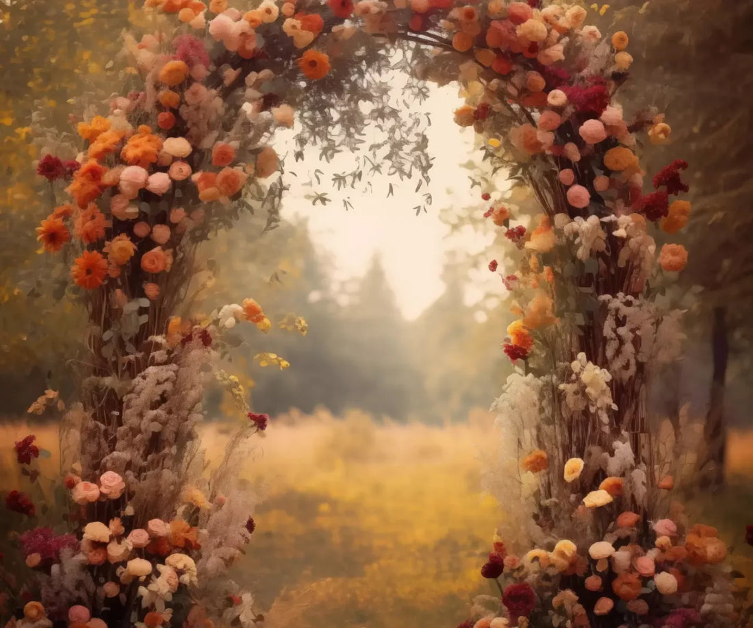 Fall Floral Arch Outdoors In Field 5’X4’2 Fleece (60 X 50 Inch) Backdrop
