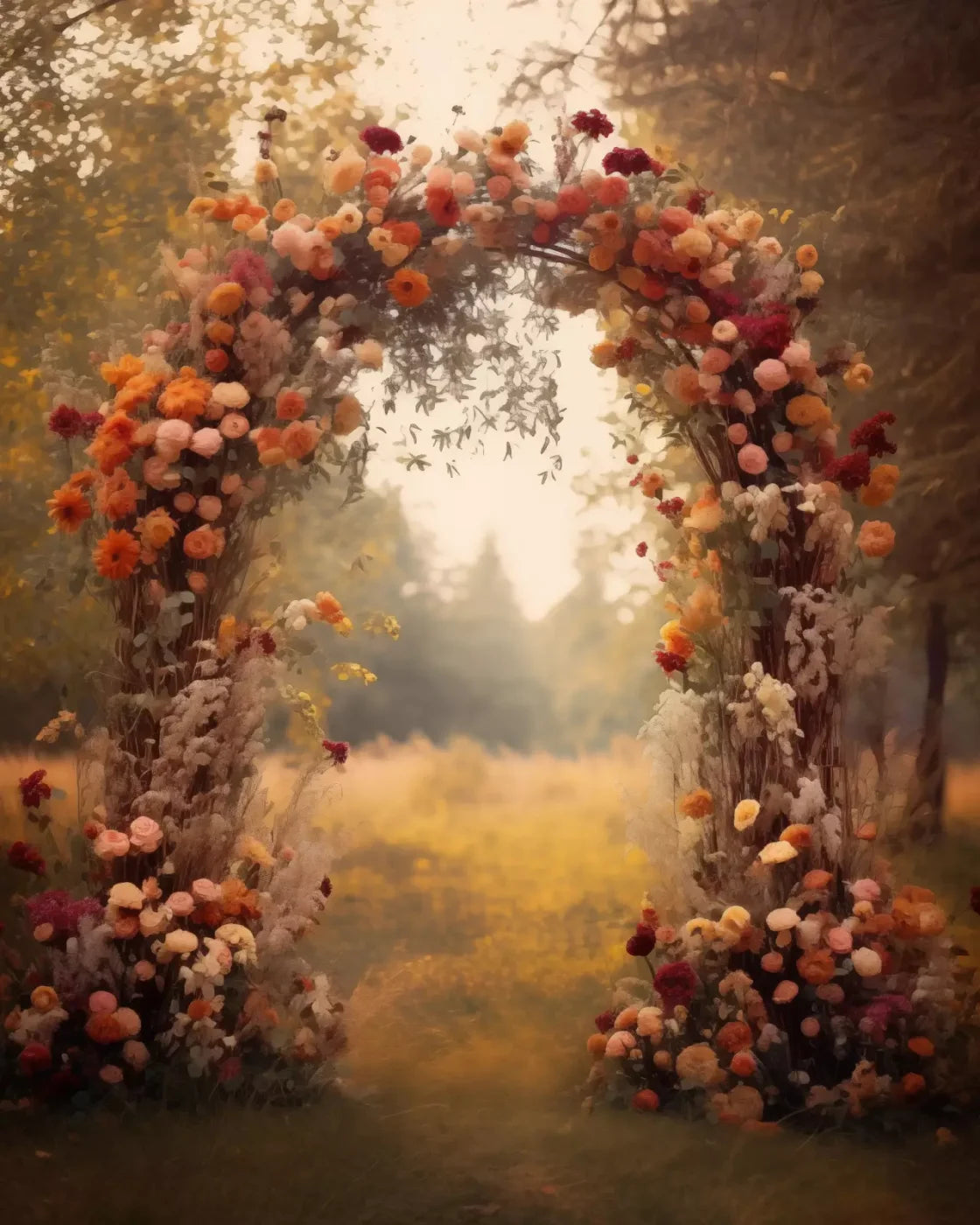 Fall Floral Arch Outdoors In Field 8’X10’ Fleece (96 X 120 Inch) Backdrop