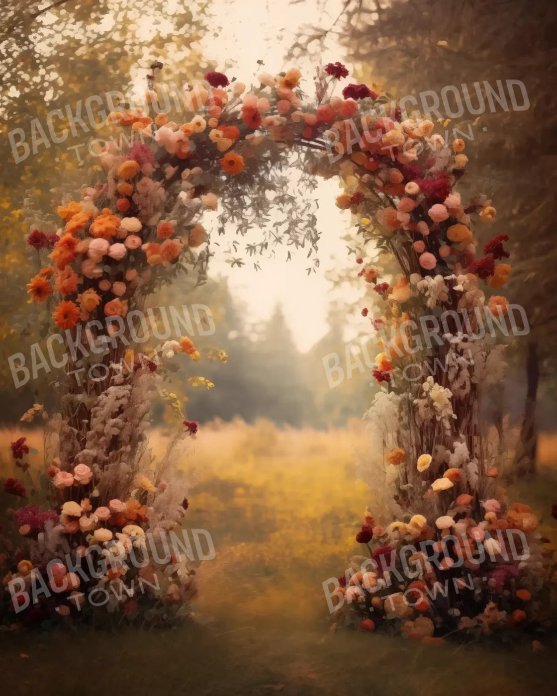 Fall Floral Arch Outdoors In Field 8’X10’ Fleece (96 X 120 Inch) Backdrop