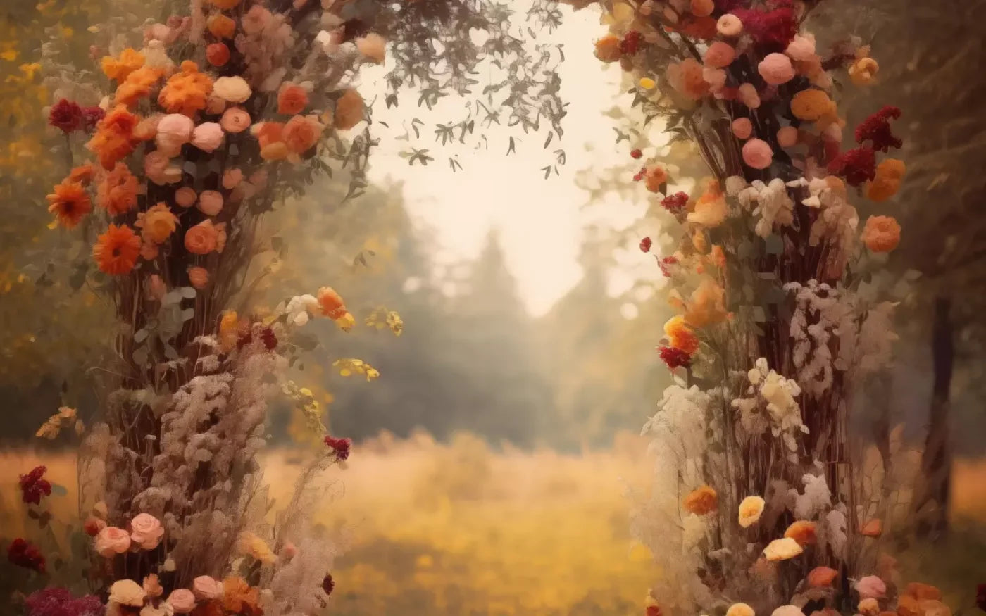 Fall Floral Arch Outdoors In Field 16’X10’ Ultracloth (192 X 120 Inch) Backdrop