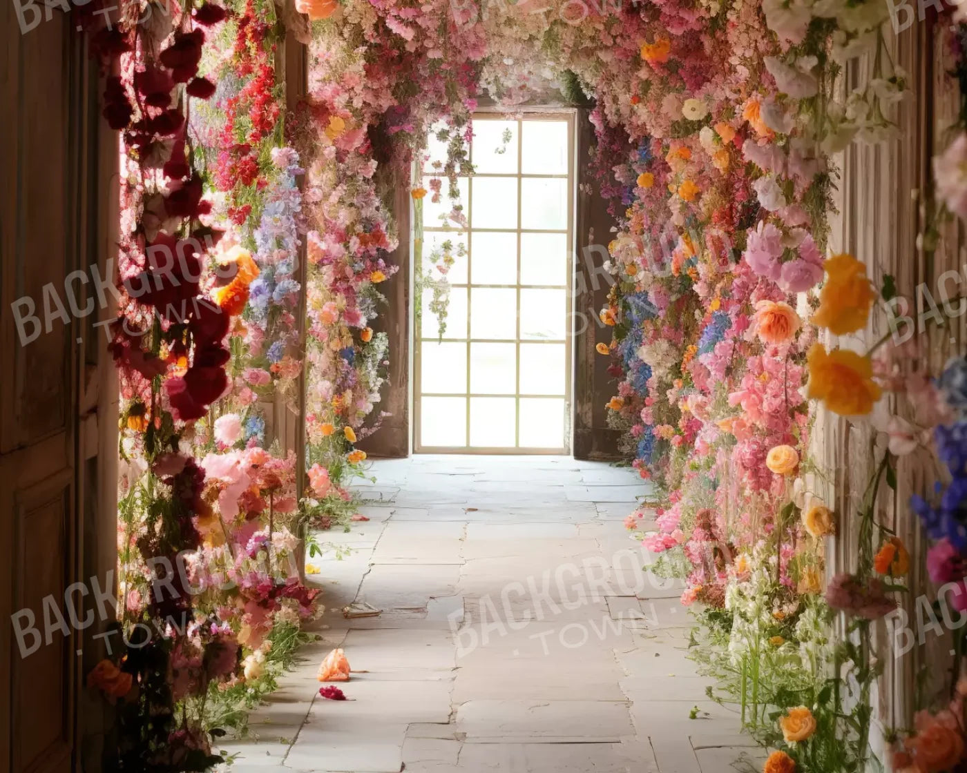 Flower Garland Hallway 1 10’X8’ Fleece (120 X 96 Inch) Backdrop