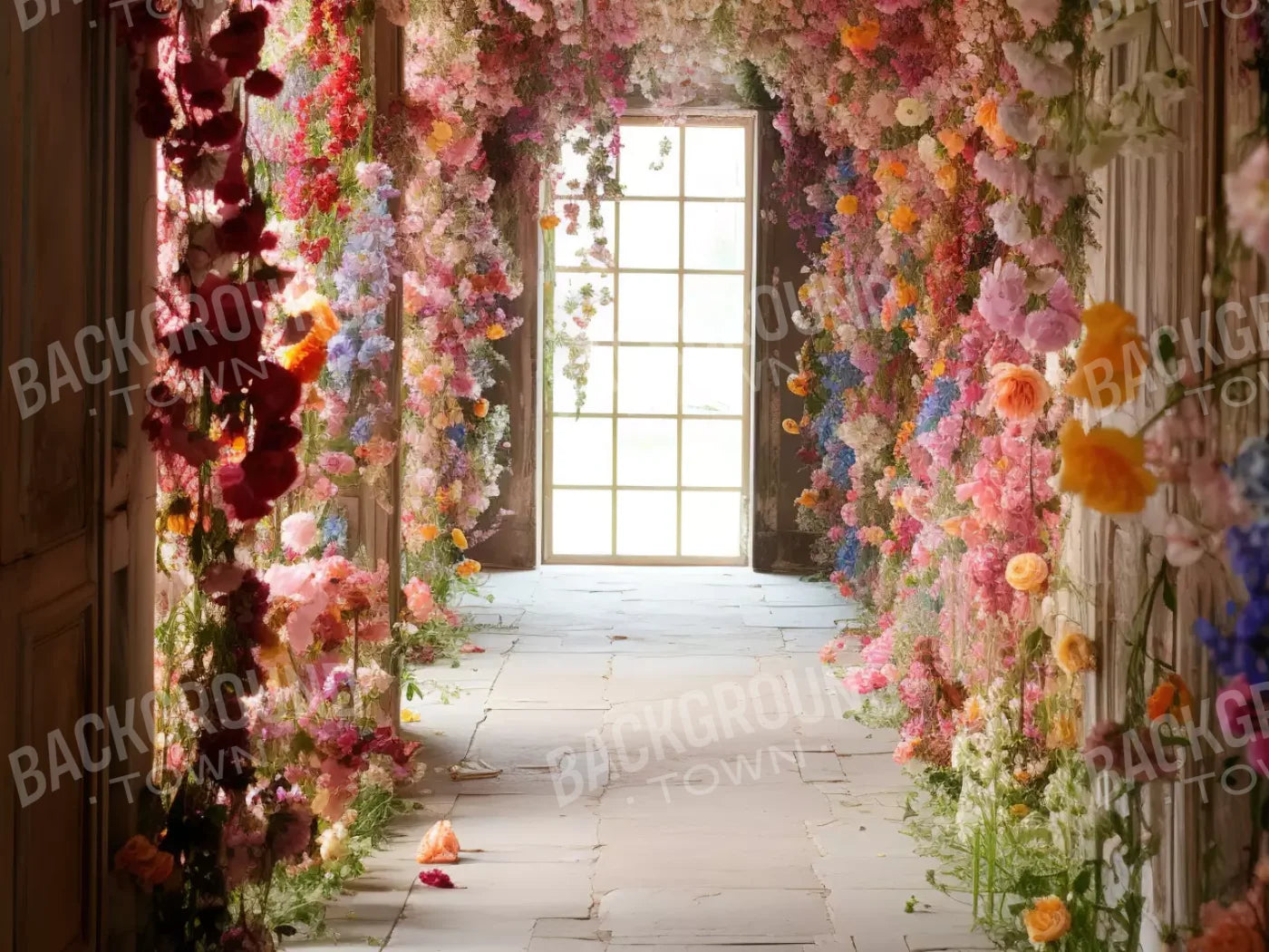 Flower Garland Hallway 1 6’8X5’ Fleece (80 X 60 Inch) Backdrop