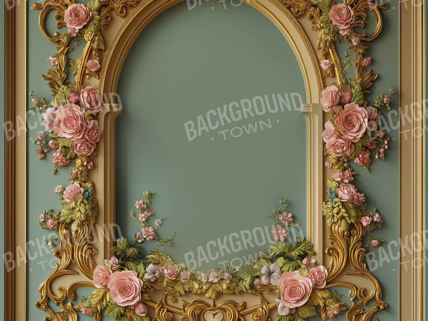 Flowered Arch On Pastel Green Wall 6’8X5’ Fleece (80 X 60 Inch) Backdrop