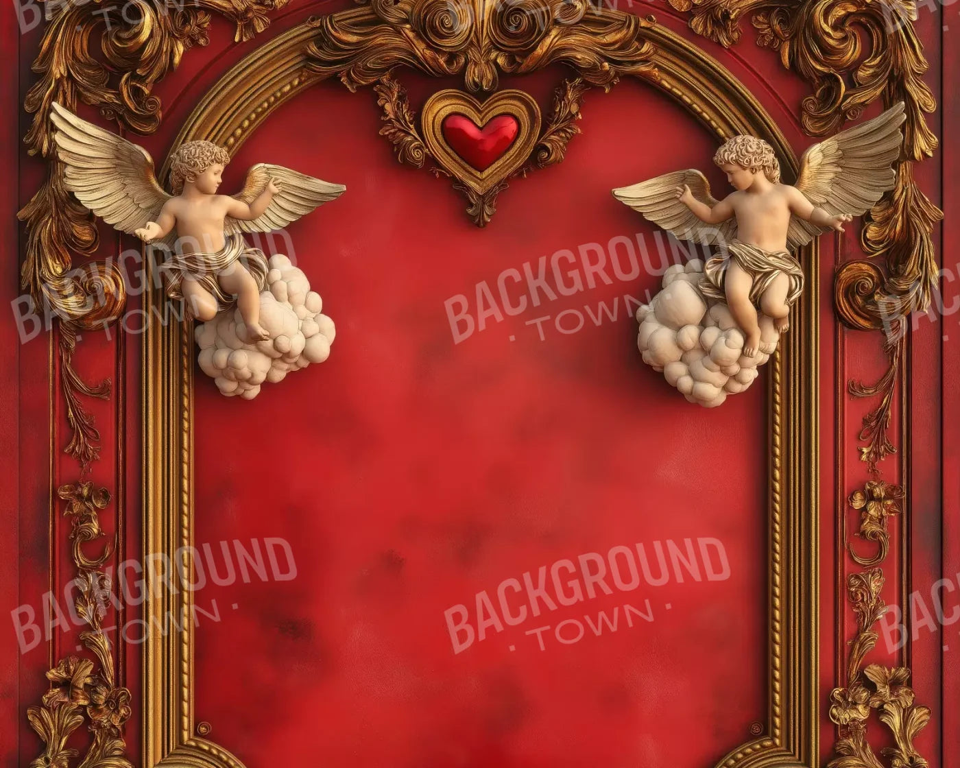 Gold Arch On Red Wall With Angels 10’X8’ Fleece (120 X 96 Inch) Backdrop
