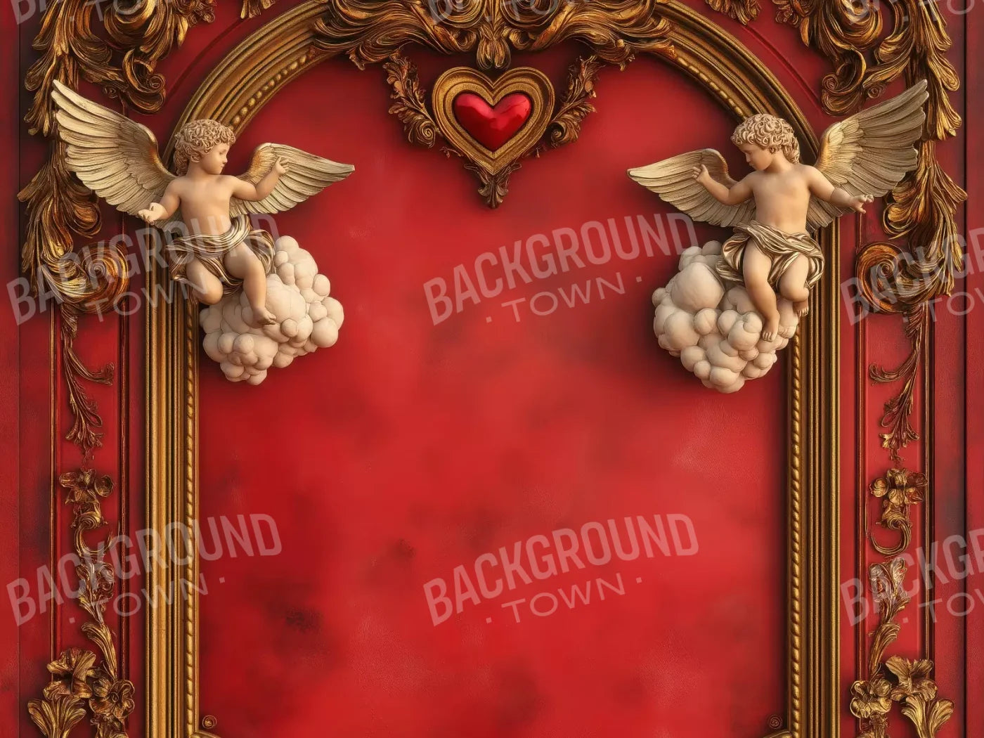 Gold Arch On Red Wall With Angels 8’X6’ Fleece (96 X 72 Inch) Backdrop