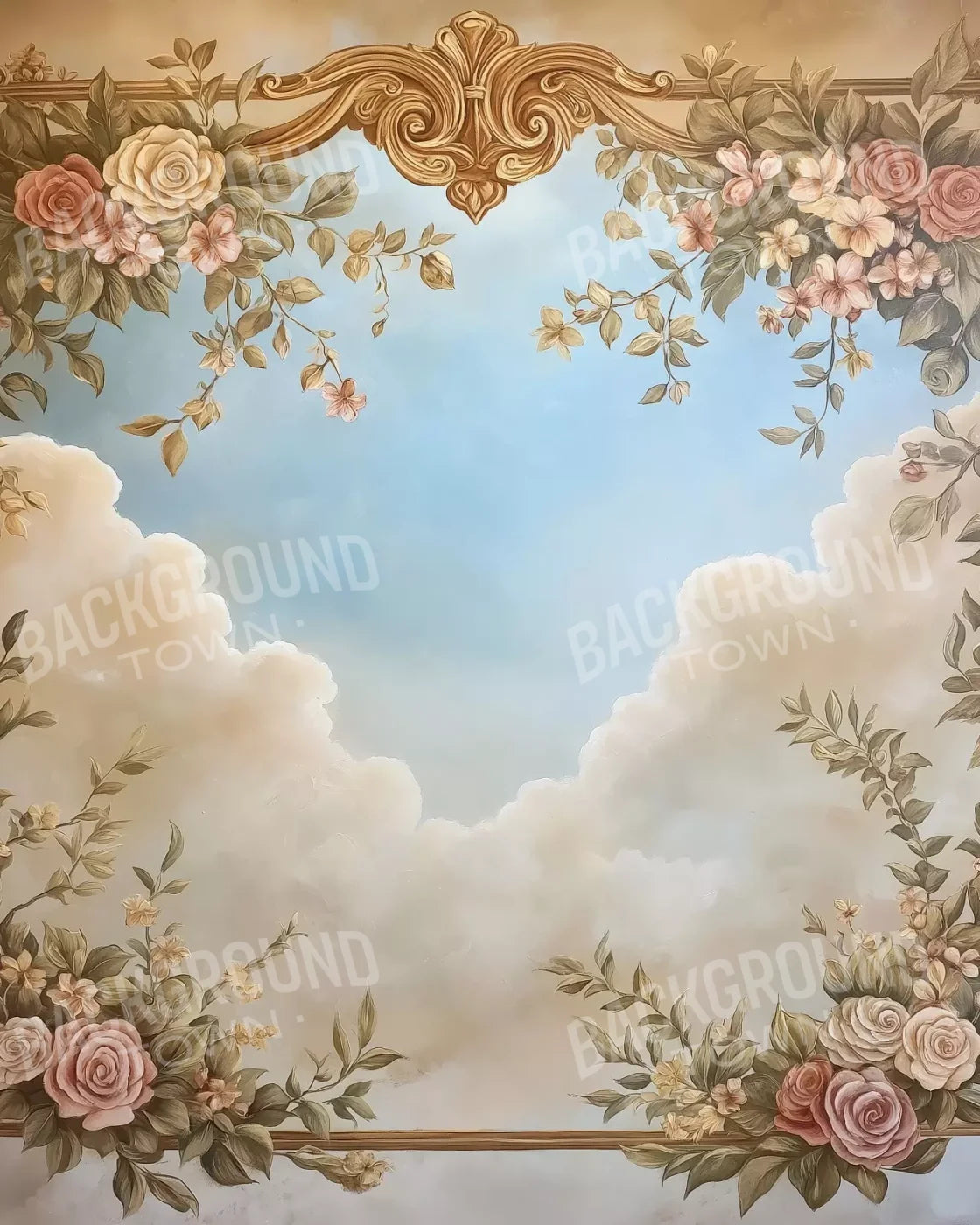 Gold Painted Frame With Flowers 8’X10’ Fleece (96 X 120 Inch) Backdrop
