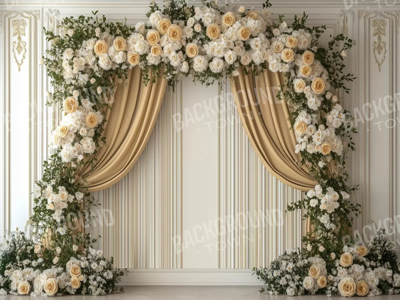 Golden Floral Elegant Arch Wall 6’8x5’ Fleece (80 x 60 inch) Backdrop