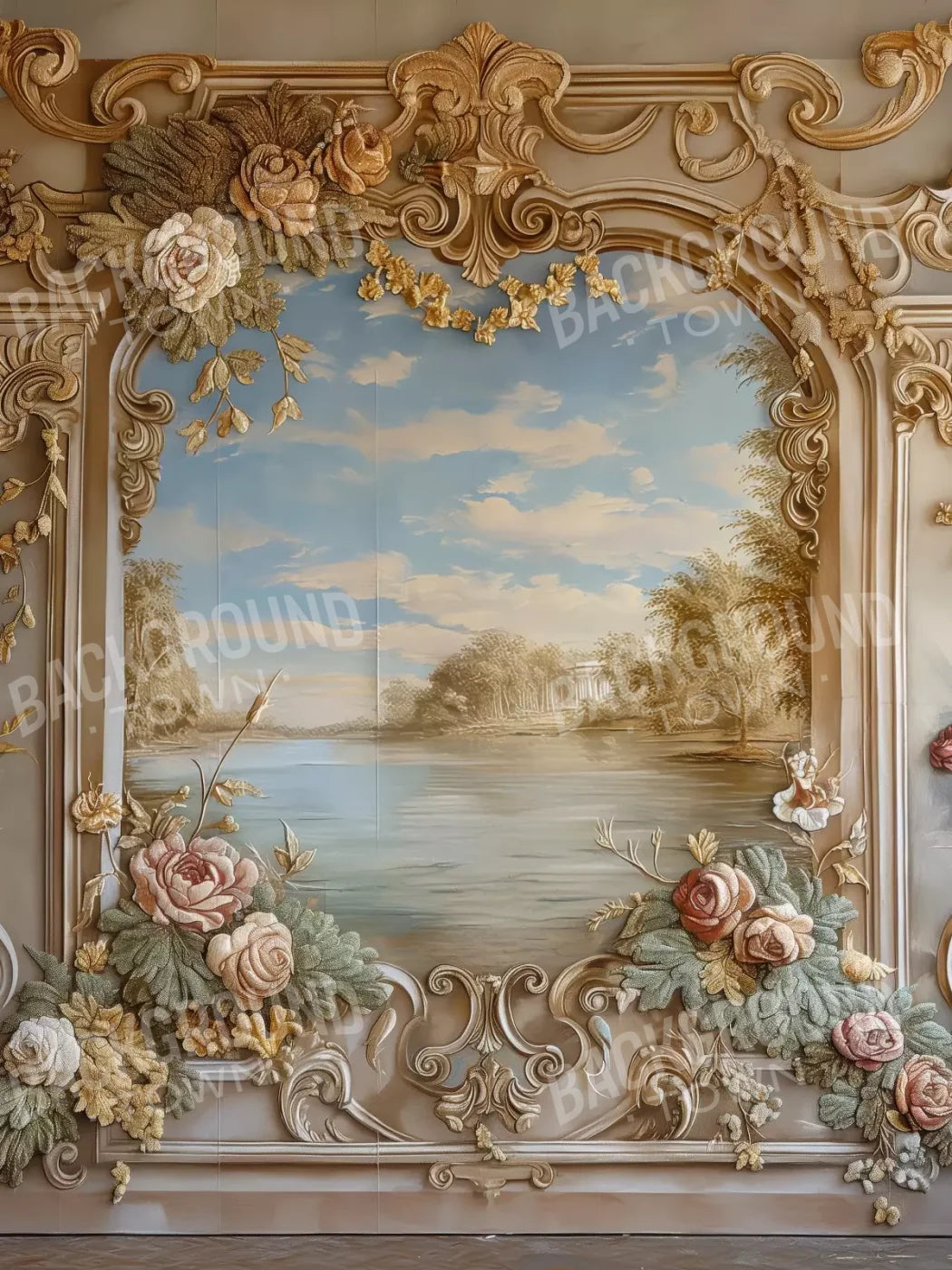 Golden Frame Of Flowers 6’X8’ Fleece (72 X 96 Inch) Backdrop