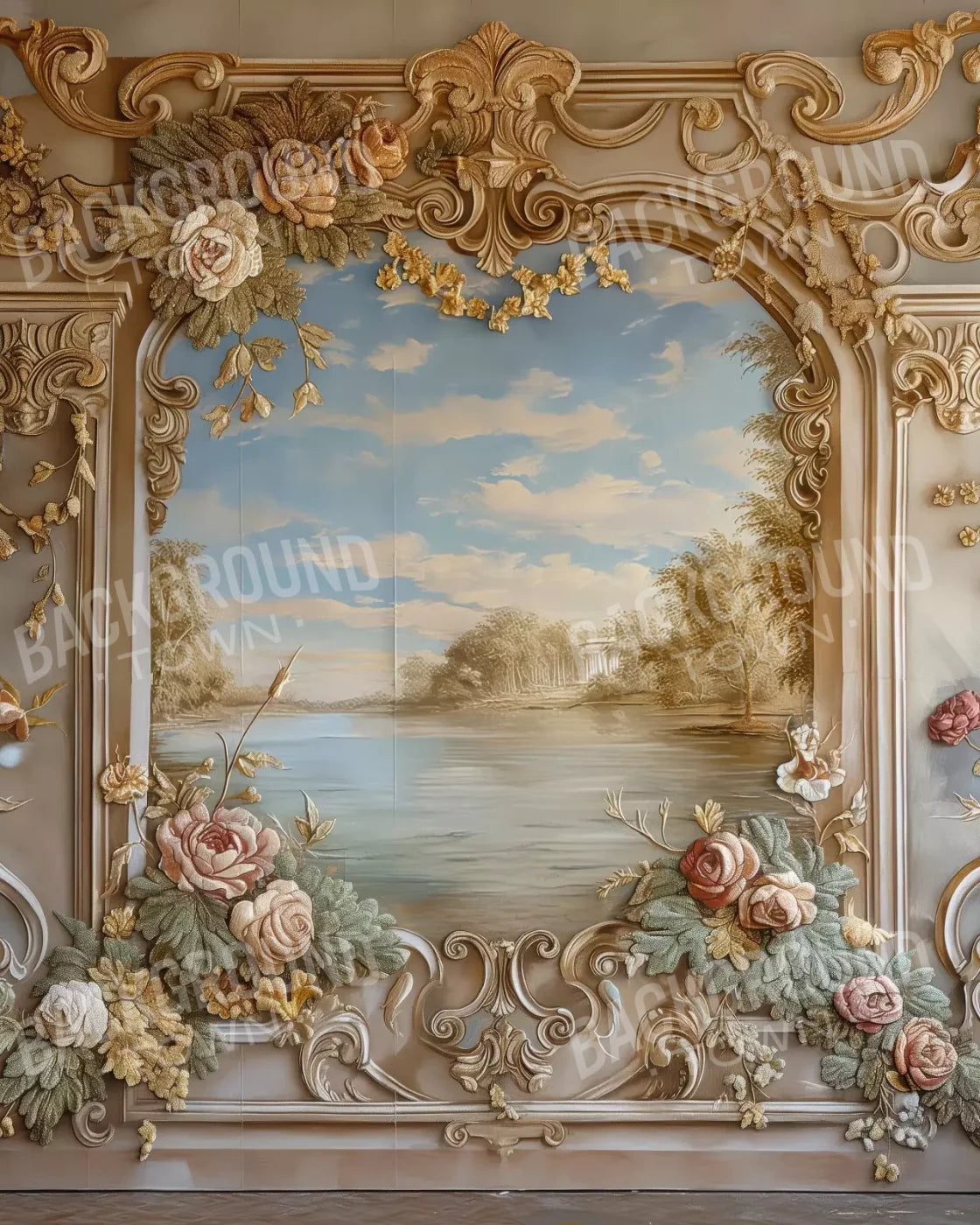 Golden Frame Of Flowers 8’X10’ Fleece (96 X 120 Inch) Backdrop