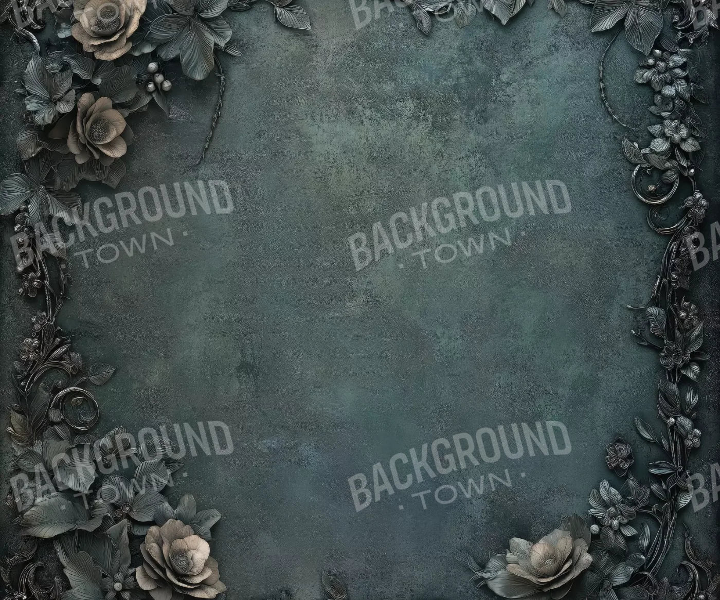 Gothic Flowers With Bluegreen Background 5’X4’2 Fleece (60 X 50 Inch) Backdrop