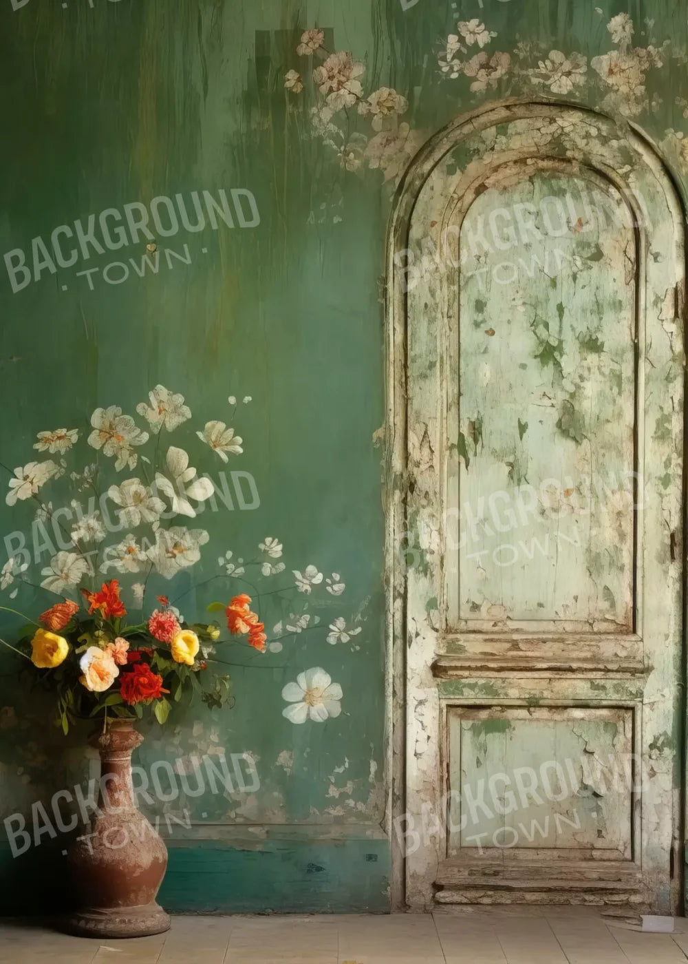 Green Chipped Floral Iii 5X7 Ultracloth ( 60 X 84 Inch ) Backdrop