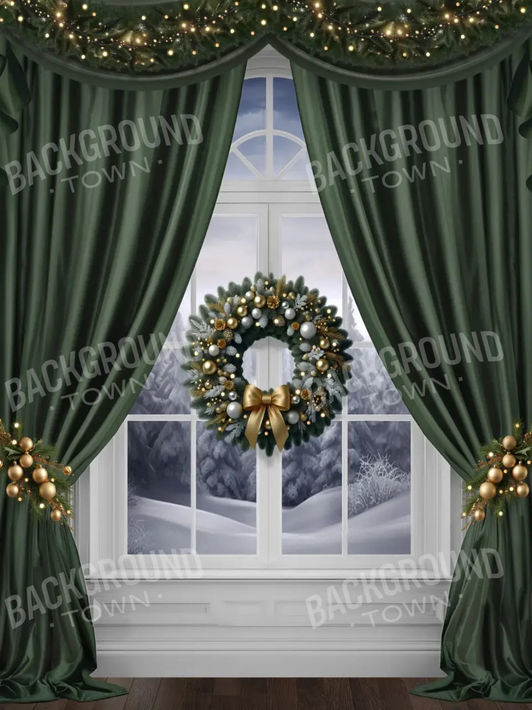 Green Christmas Window 6’x8’ Fleece (72 x 96 inch) Backdrop