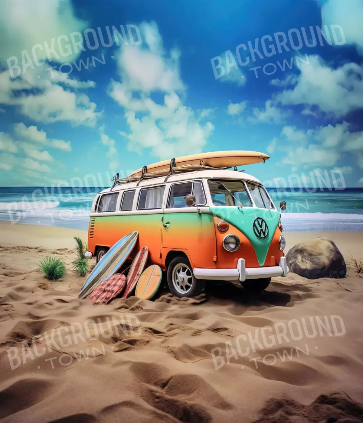 Retro Van At Beach Ii 10X12 Ultracloth ( 120 X 144 Inch ) Backdrop