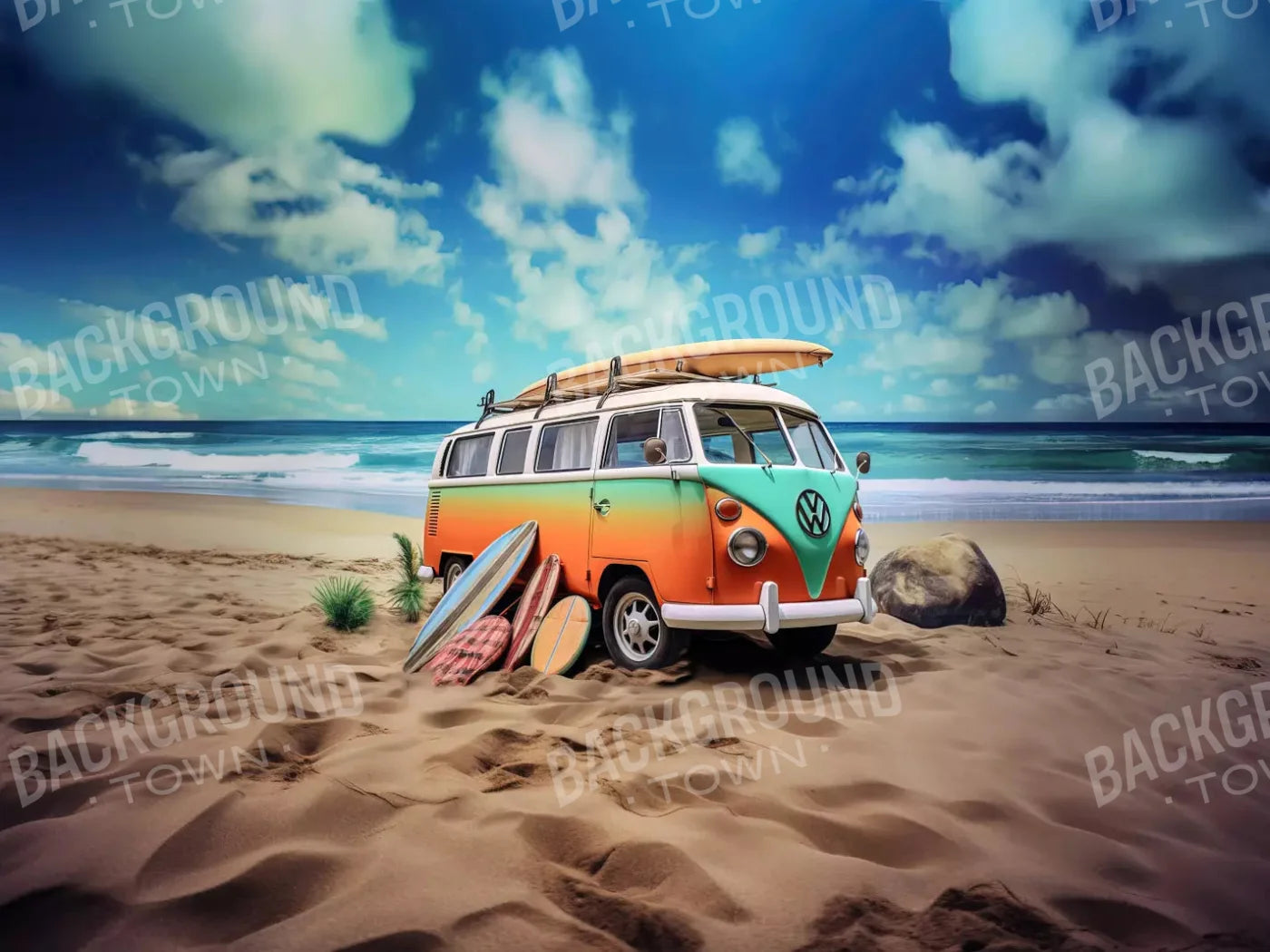 Retro Van At Beach Ii 10X8 Fleece ( 120 X 96 Inch ) Backdrop