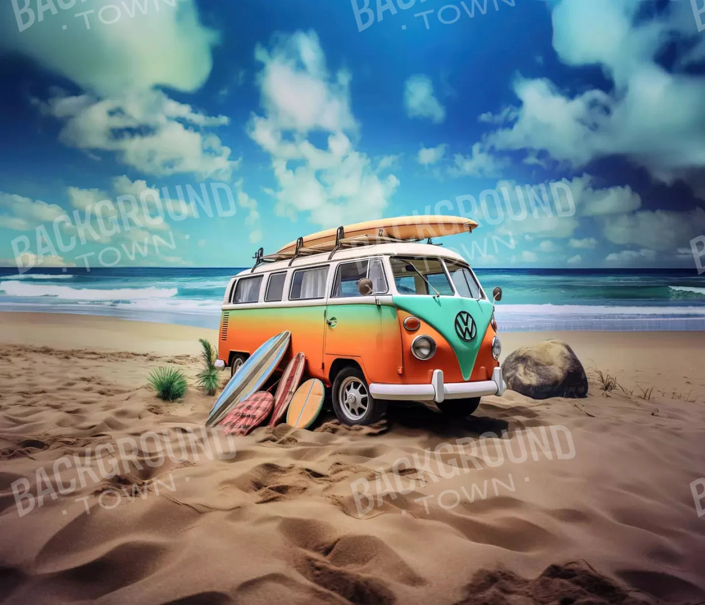 Retro Van At Beach Ii 12X10 Ultracloth ( 144 X 120 Inch ) Backdrop