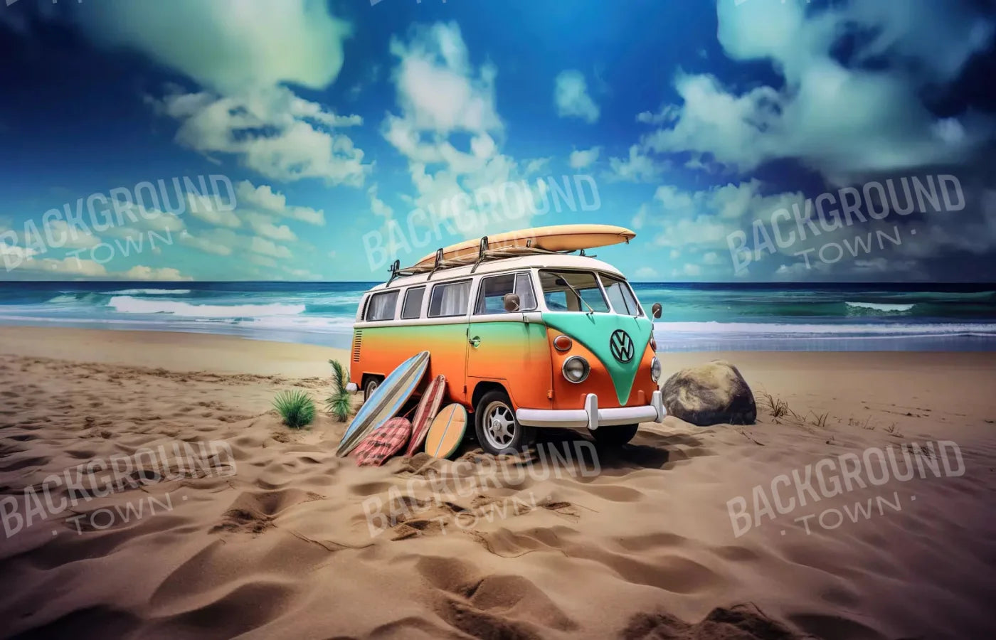 Retro Van At Beach Ii 12X8 Ultracloth ( 144 X 96 Inch ) Backdrop