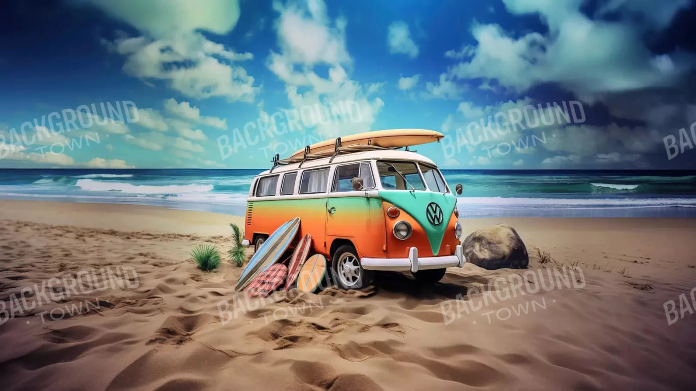 Retro Van At Beach Ii 14X8 Ultracloth ( 168 X 96 Inch ) Backdrop