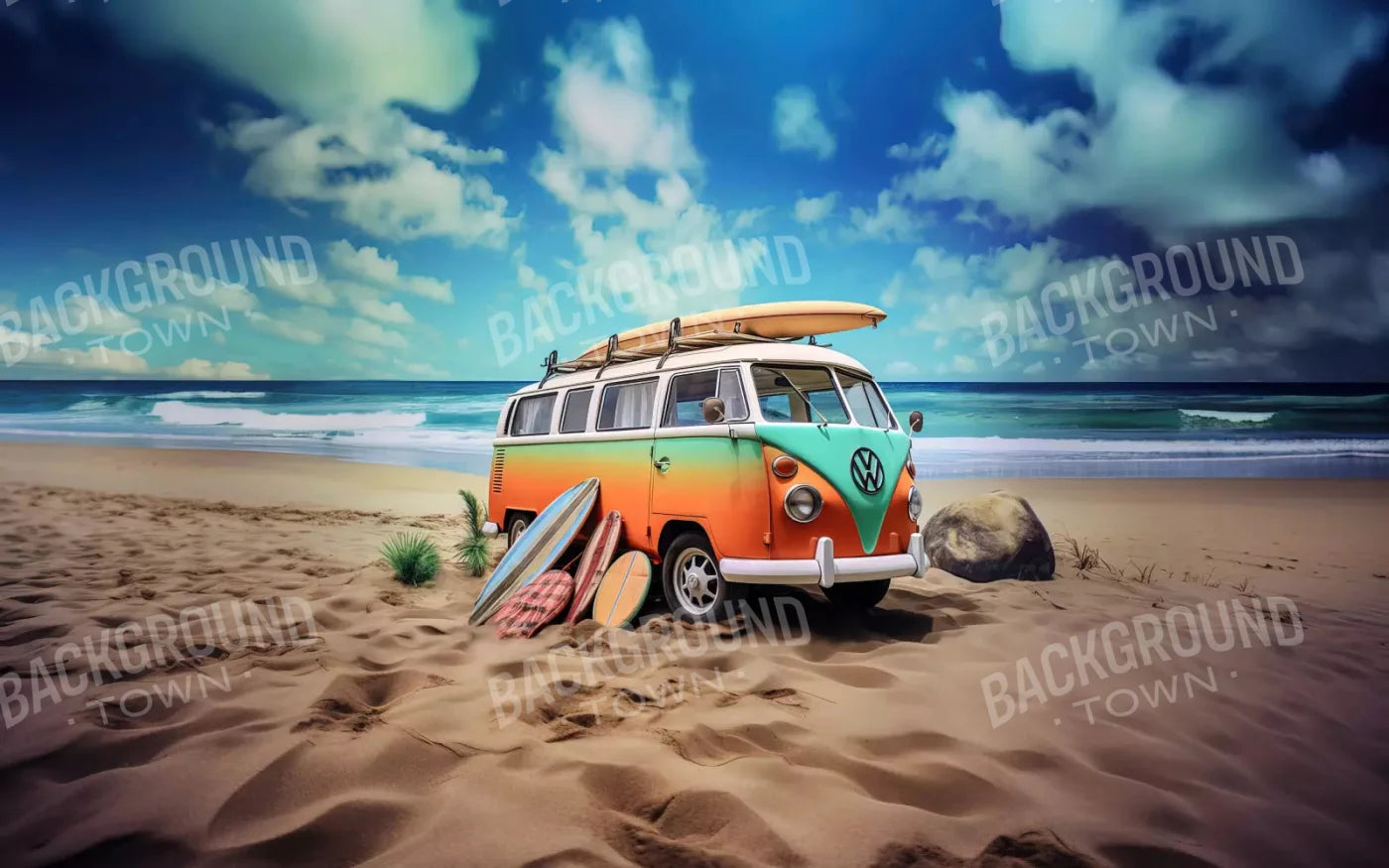 Retro Van At Beach Ii 14X9 Ultracloth ( 168 X 108 Inch ) Backdrop