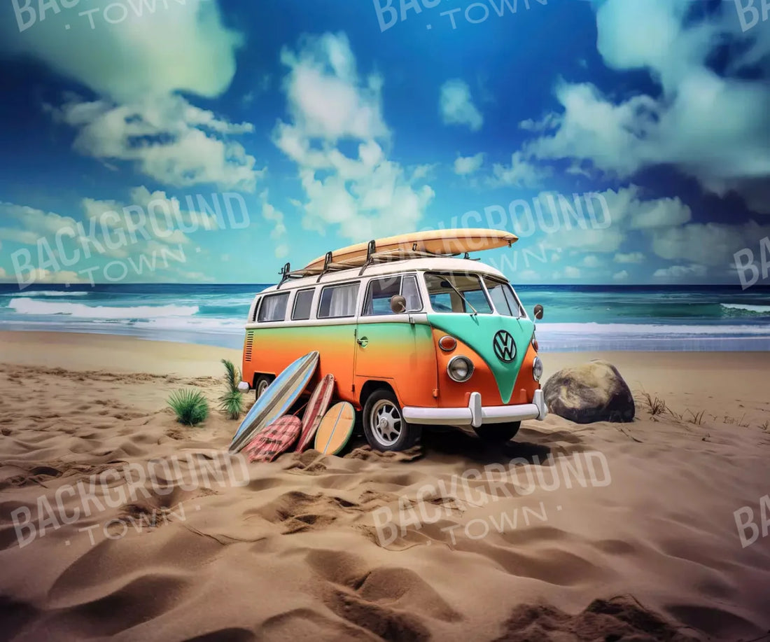 Retro Van At Beach Ii 5X42 Fleece ( 60 X 50 Inch ) Backdrop