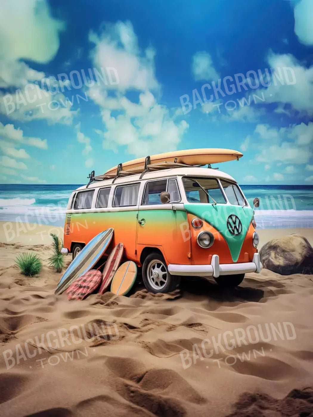 Retro Van At Beach Ii 5X68 Fleece ( 60 X 80 Inch ) Backdrop