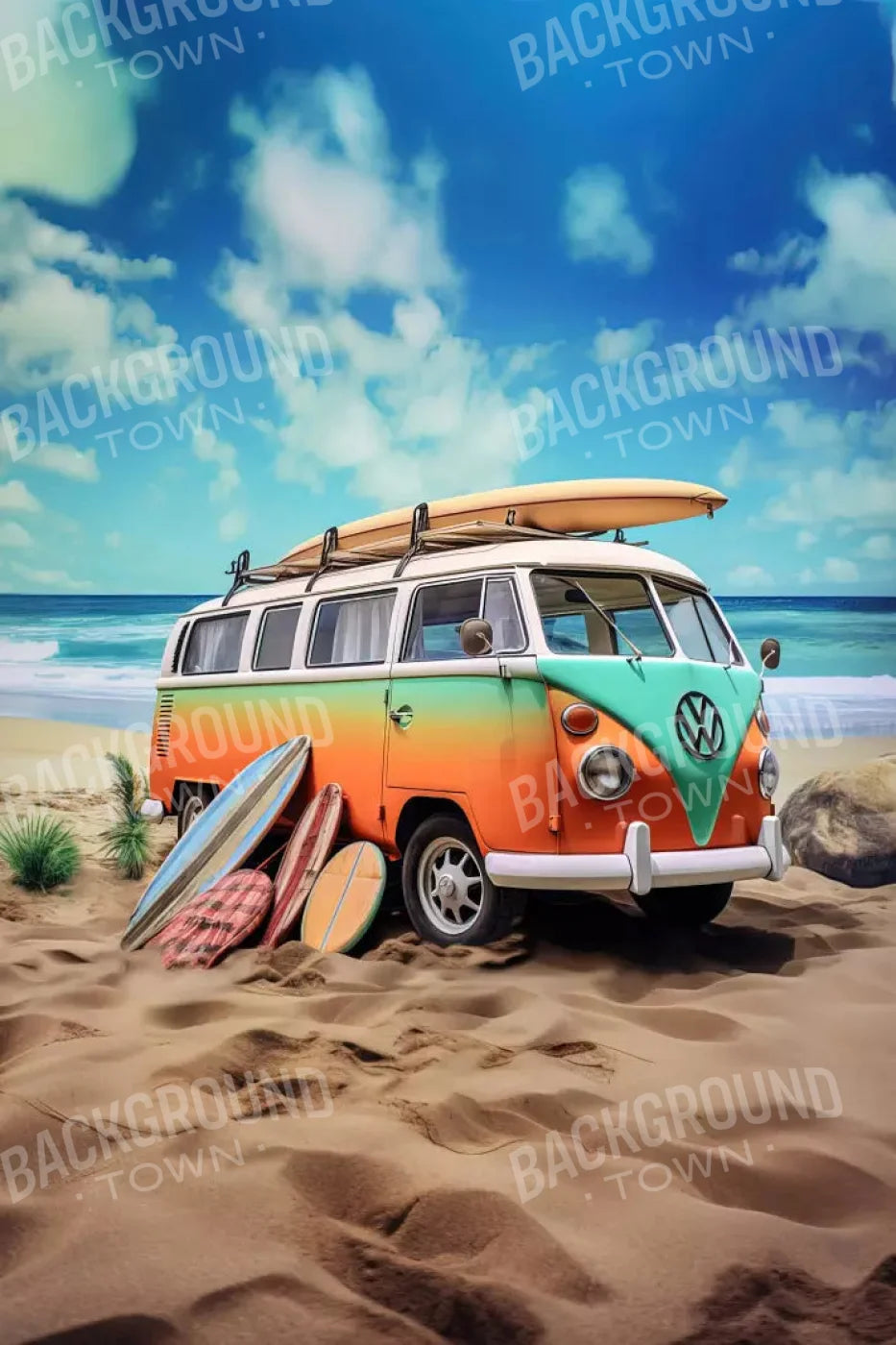 Retro Van At Beach Ii 5X8 Ultracloth ( 60 X 96 Inch ) Backdrop