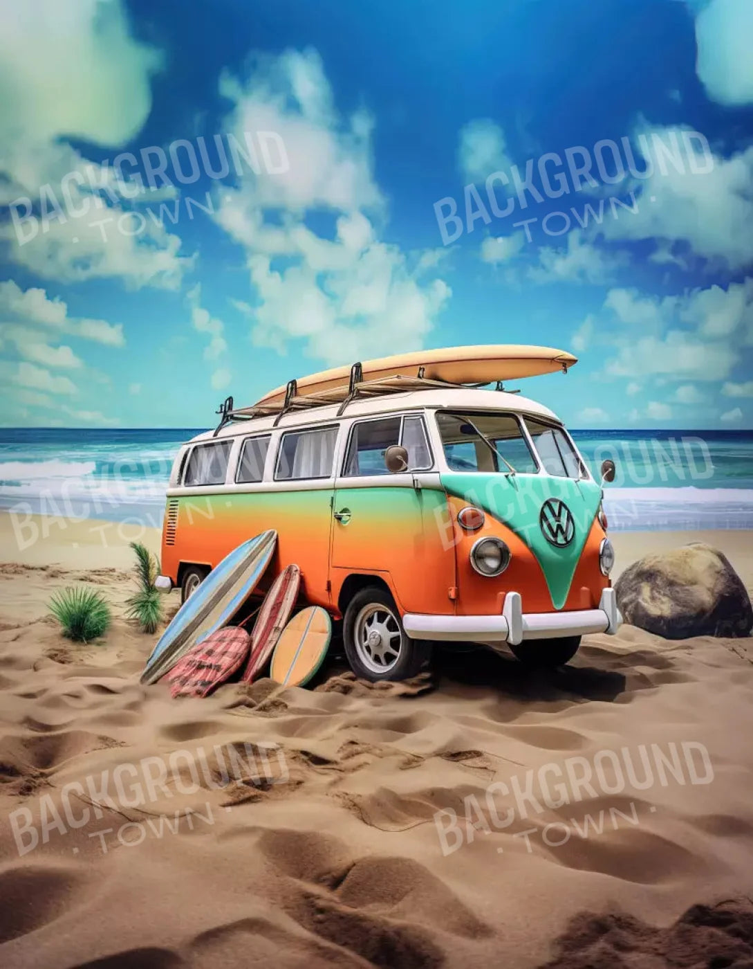 Retro Van At Beach Ii 6X8 Fleece ( 72 X 96 Inch ) Backdrop