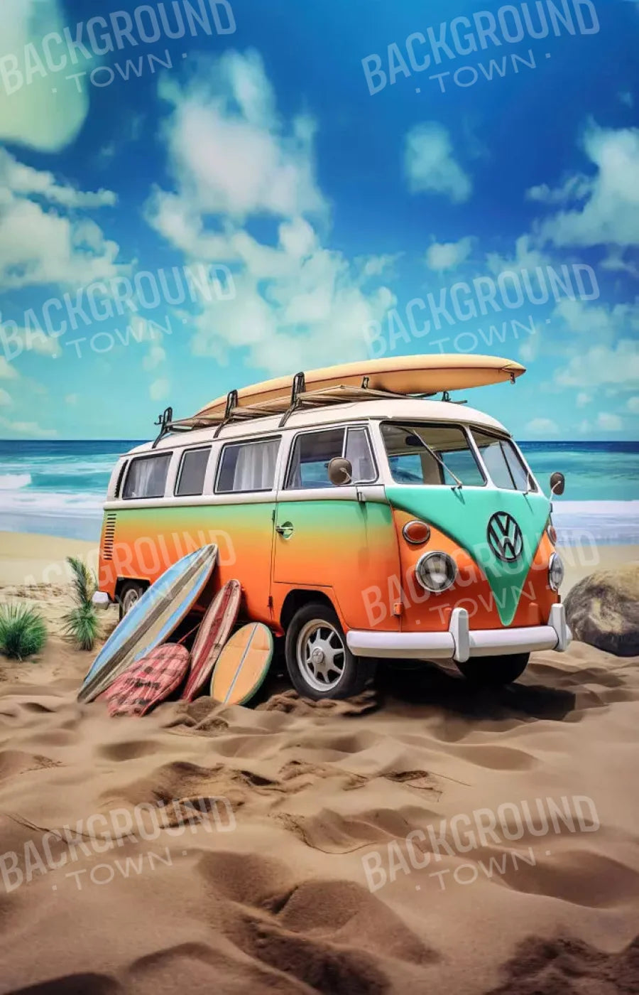 Retro Van At Beach Ii 8X12 Ultracloth ( 96 X 144 Inch ) Backdrop