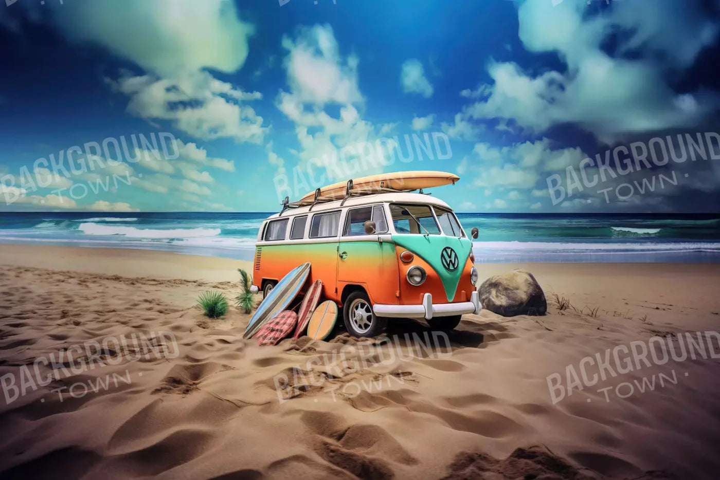 Retro Van At Beach Ii 8X5 Ultracloth ( 96 X 60 Inch ) Backdrop