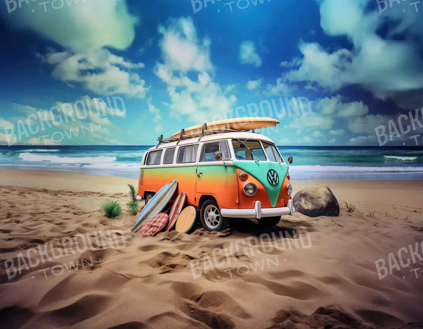 Retro Van At Beach Ii 8X6 Fleece ( 96 X 72 Inch ) Backdrop