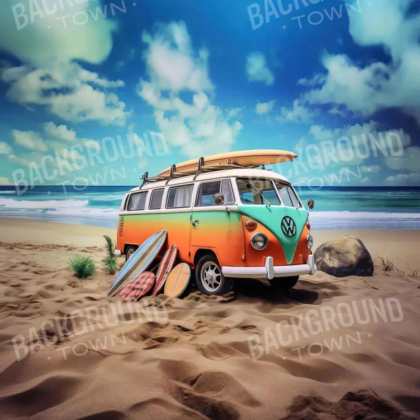 Retro Van At Beach Ii 8X8 Fleece ( 96 X Inch ) Backdrop