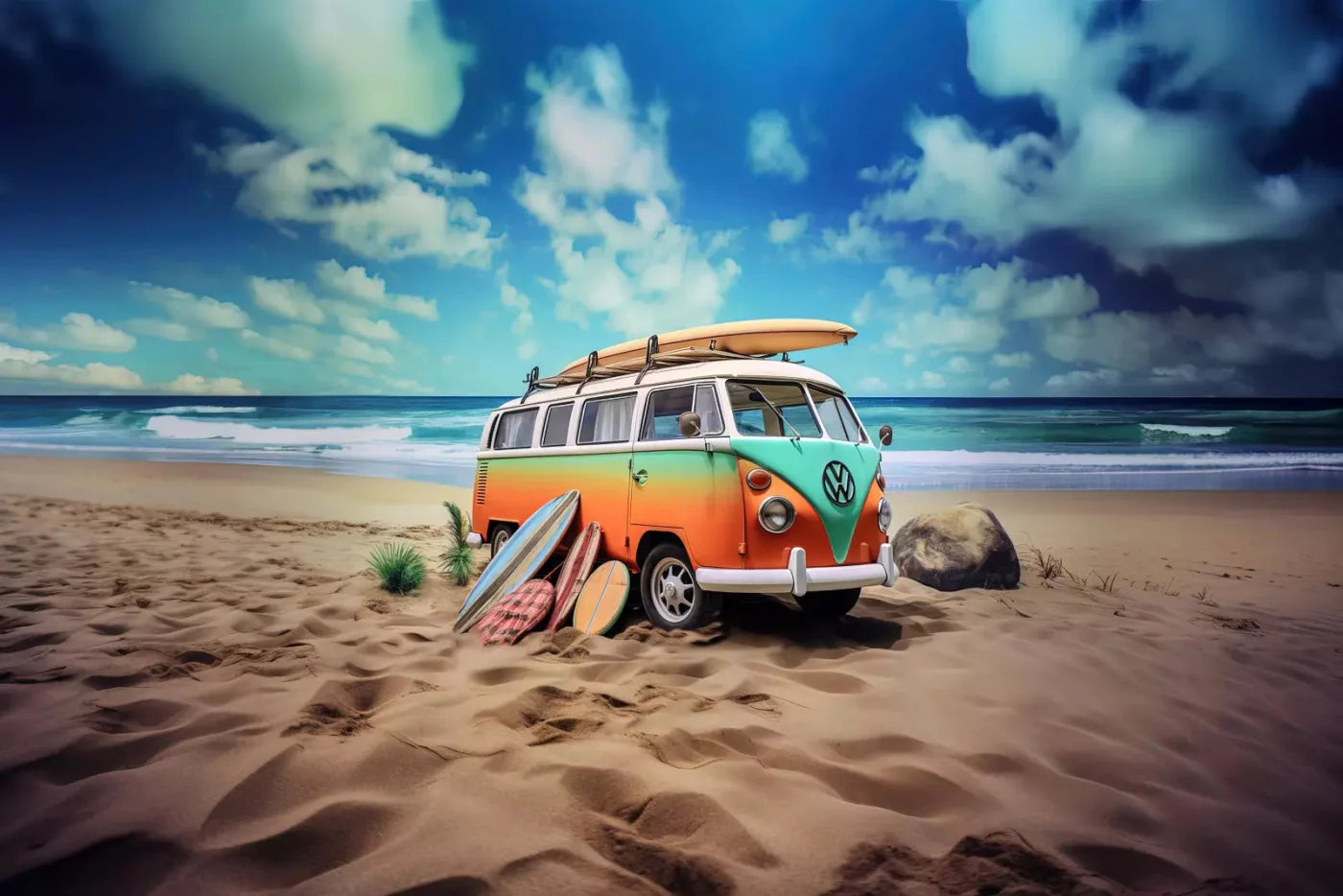 Retro Van At Beach Ii 8X5 Ultracloth ( 96 X 60 Inch ) Backdrop