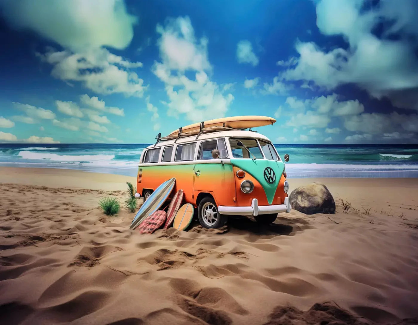 Retro Van At Beach Ii 8X6 Fleece ( 96 X 72 Inch ) Backdrop
