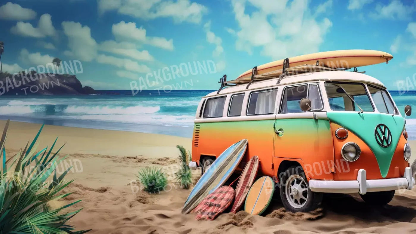 Retro Van At Beach 14X8 Ultracloth ( 168 X 96 Inch ) Backdrop